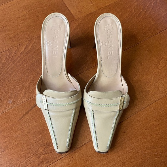 CHANEL Shoes - Vintage Chanel Leather Wood Heel Mules - Size 35.5